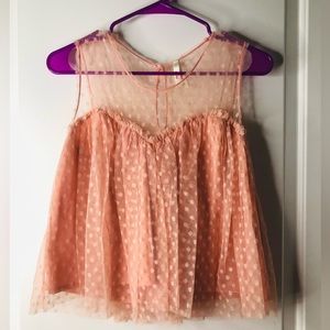 Pink sheer polka dot flare top size small